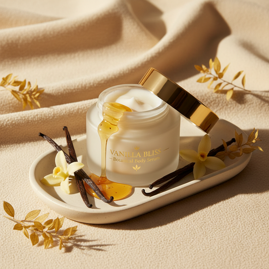 Botanical Bee Blend Sweet Vanilla Body Serum lifestyle flat lay